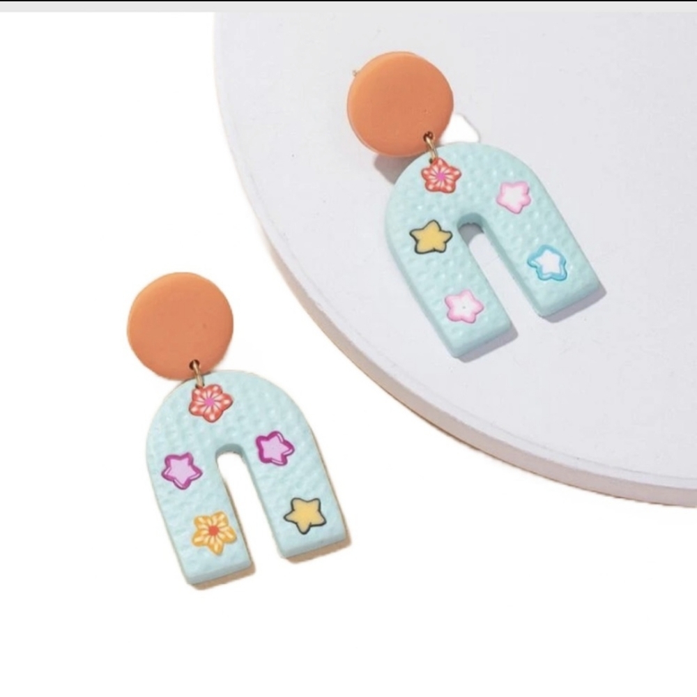 Polymer Clay U-Shaped Star & Flower Print Earrings